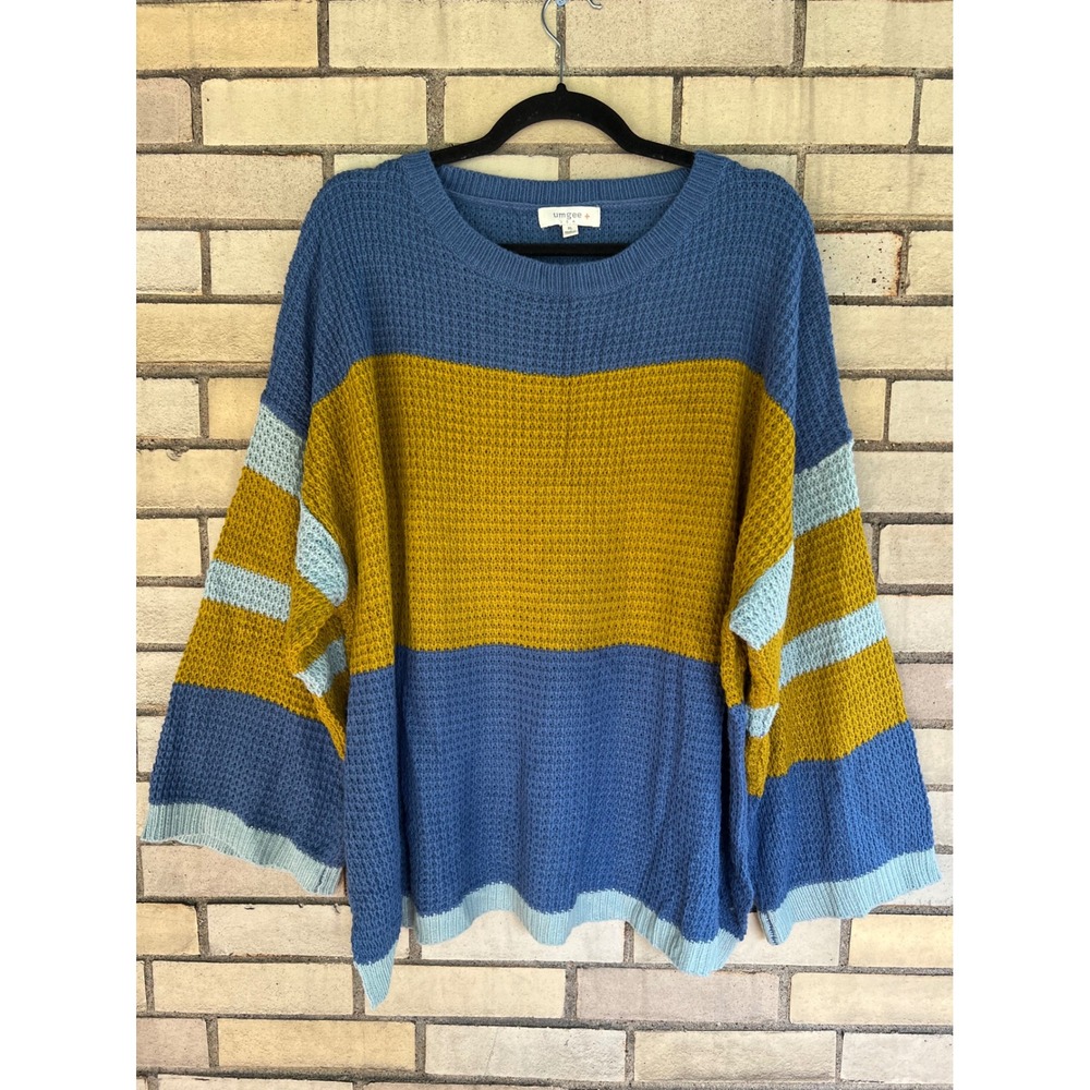 Umgee Blue Mustard Yellow Striped Colorblock Wide Slv Waffle Knit Sweater Sz XL
